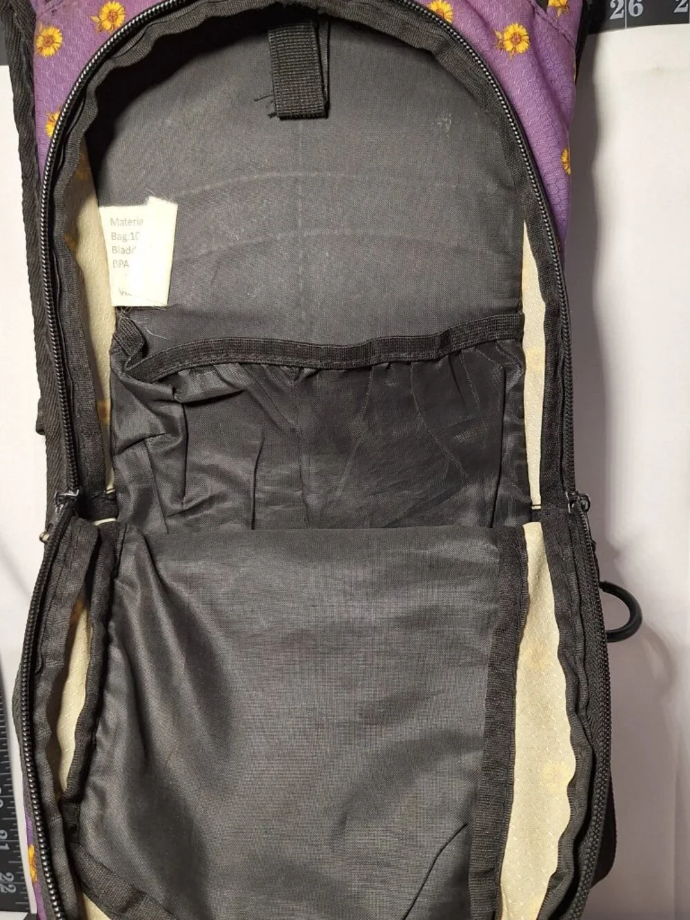 Vibedration Hydration Backpack w/o bladder, Purple with Sunflowers, Used